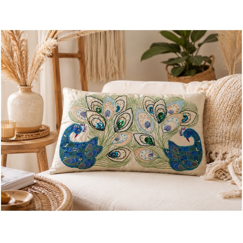 Pier 1 Imports Peacock Embroidered Sequin Lumbar Pillow Cover Champagne 12x20